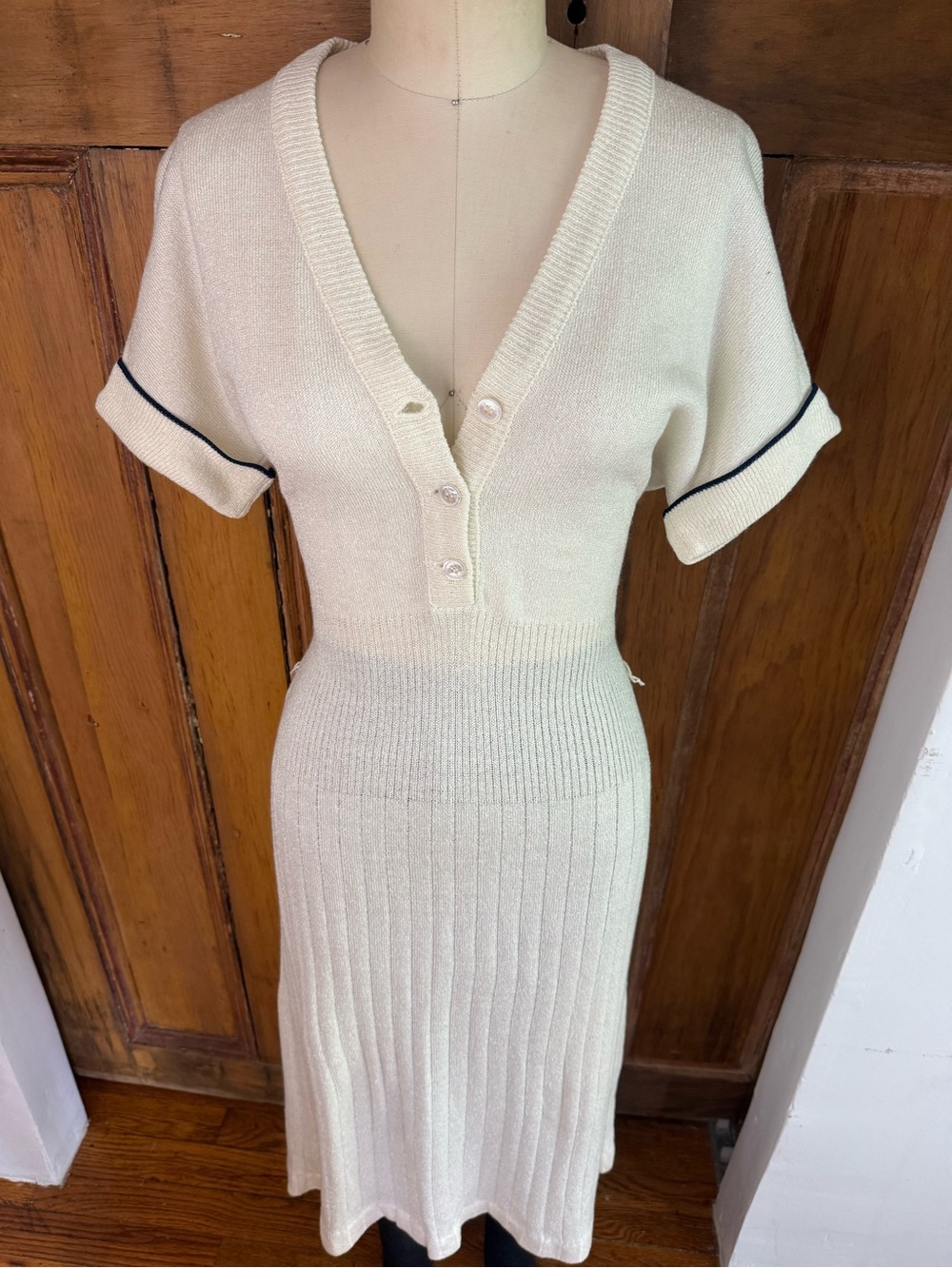 Vintage Ivory Knit Midi Dress | Preppy Ribbed Sweater Dress Soft Minimalist - Picture 5 of 8